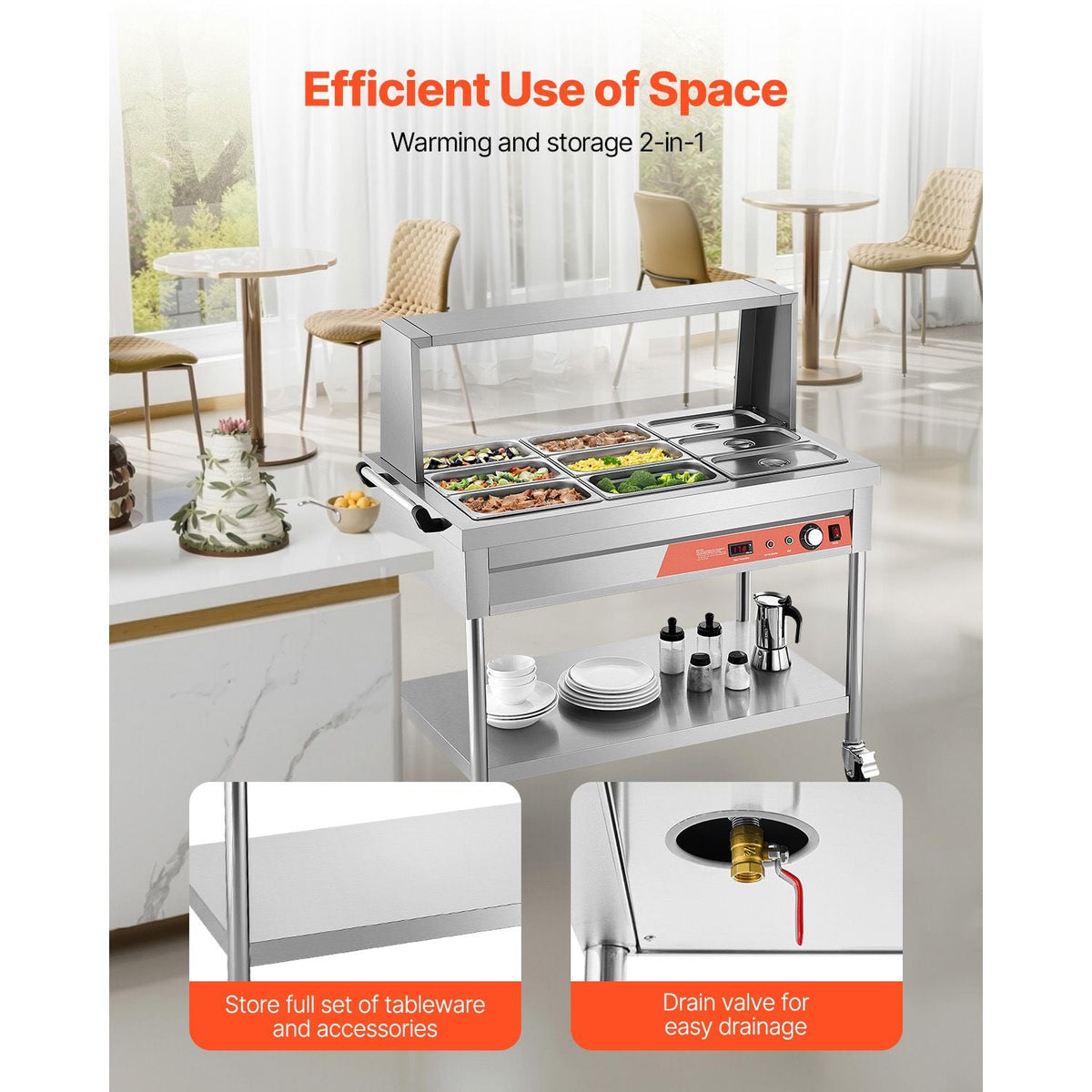 9-Pan Commercial Food Warmer, 9 x 1/3 Pans Electric Steam Table, 1500W Professional Buffet Catering Food Warmer with Shield Undershelf Wheels, Stainless Steel Server for Party Restaurant