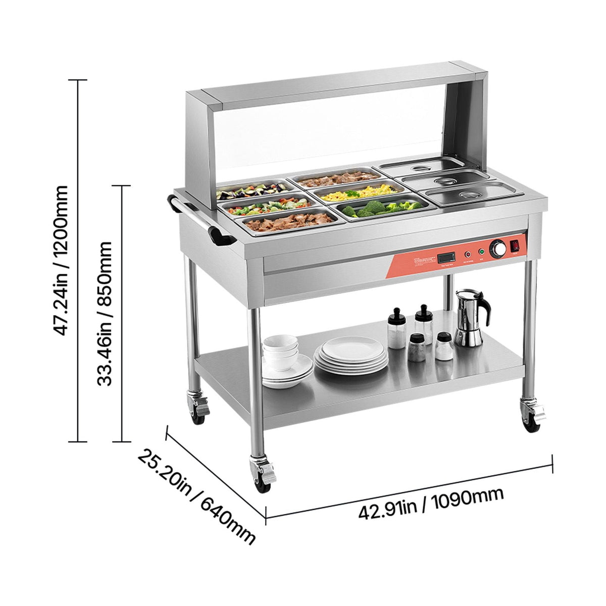 9-Pan Commercial Food Warmer, 9 x 1/3 Pans Electric Steam Table, 1500W Professional Buffet Catering Food Warmer with Shield Undershelf Wheels, Stainless Steel Server for Party Restaurant