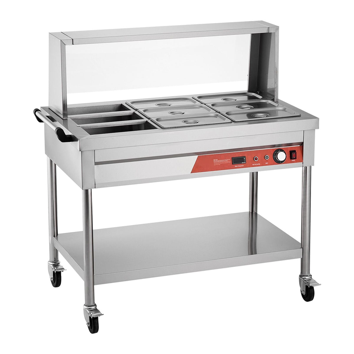 9-Pan Commercial Food Warmer, 9 x 1/3 Pans Electric Steam Table, 1500W Professional Buffet Catering Food Warmer with Shield Undershelf Wheels, Stainless Steel Server for Party Restaurant