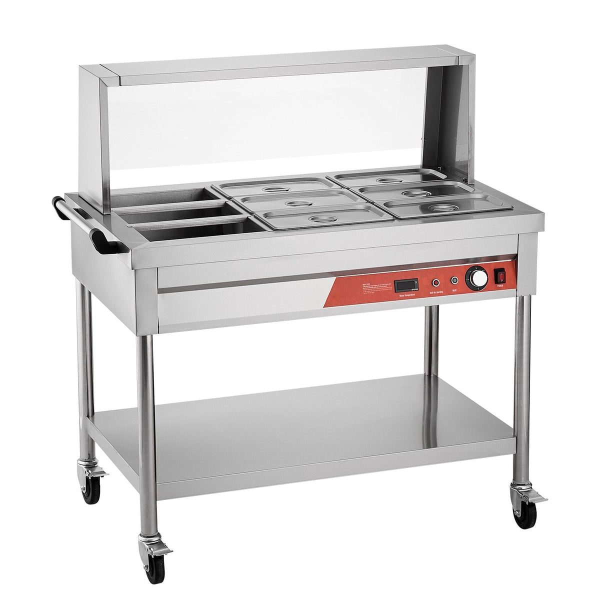 9-Pan Commercial Food Warmer, 9 x 1/3 Pans Electric Steam Table, 1500W Professional Buffet Catering Food Warmer with Shield Undershelf Wheels, Stainless Steel Server for Party Restaurant