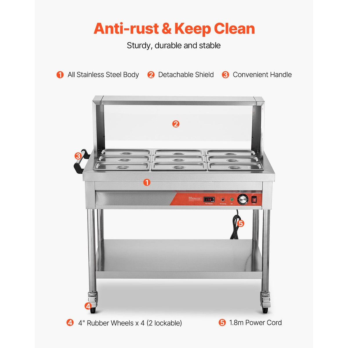 9-Pan Commercial Food Warmer, 9 x 1/3 Pans Electric Steam Table, 1500W Professional Buffet Catering Food Warmer with Shield Undershelf Wheels, Stainless Steel Server for Party Restaurant