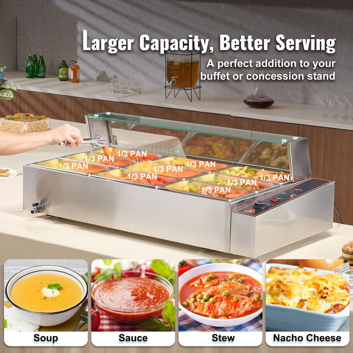 9-Pan Commercial Food Warmer, 9 x 5QT Electric Steam Table with Glass Cover, 1500W Countertop Stainless Steel Buffet Bain Marie 86-185 Fahrenheit Temp Control for Catering, Restaurants, Silver