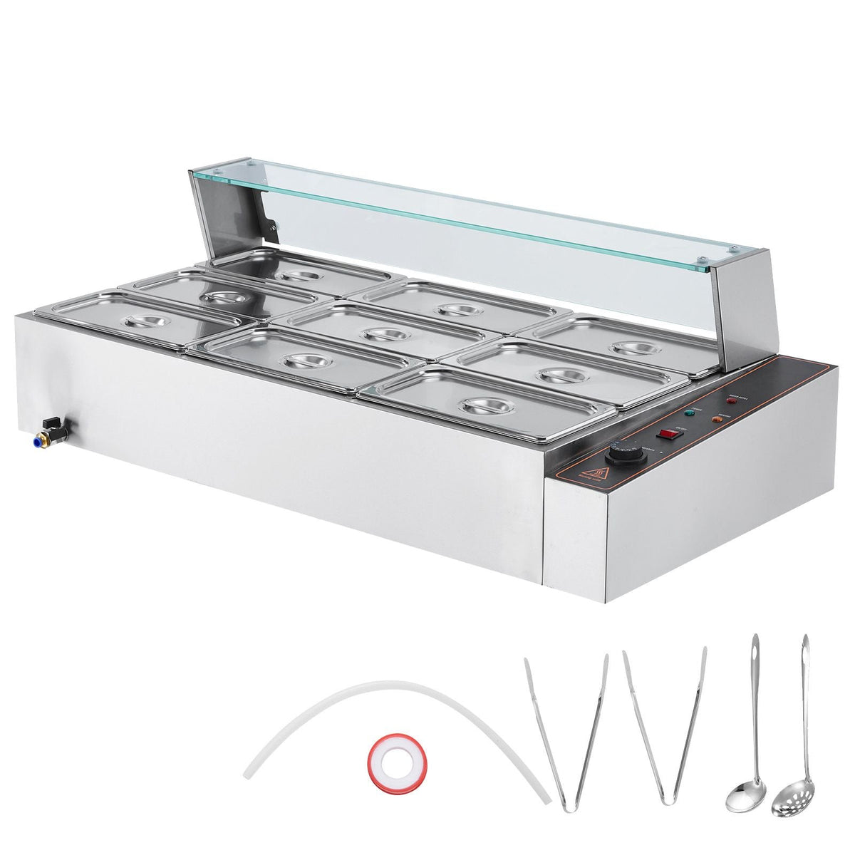 9-Pan Commercial Food Warmer, 9 x 5QT Electric Steam Table with Glass Cover, 1500W Countertop Stainless Steel Buffet Bain Marie 86-185 Fahrenheit Temp Control for Catering, Restaurants, Silver
