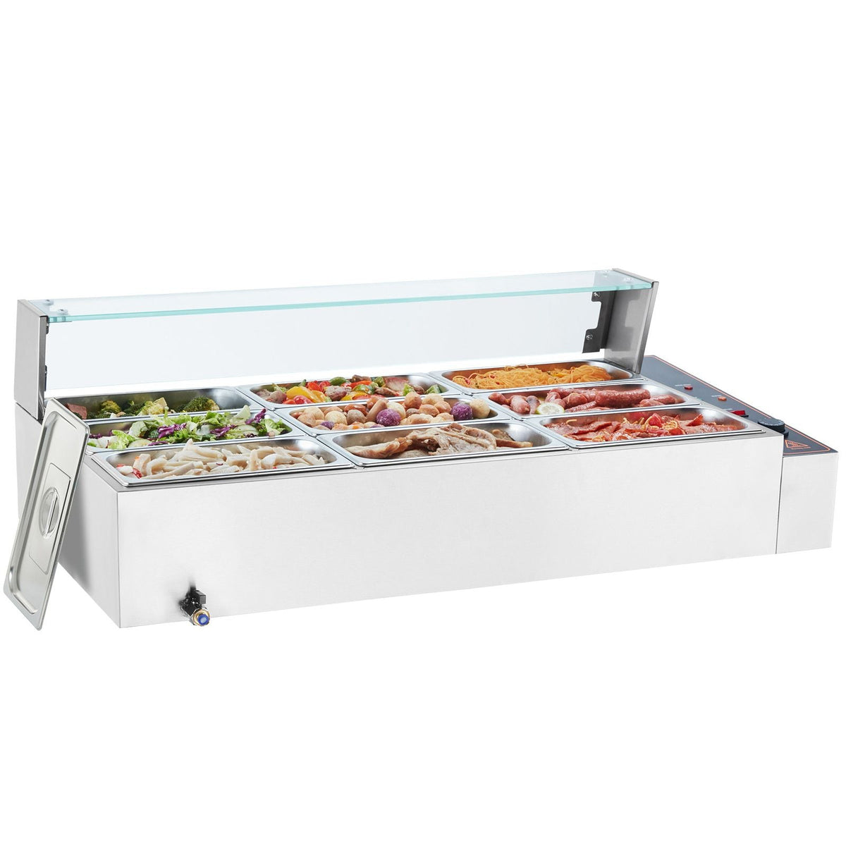 9-Pan Commercial Food Warmer, 9 x 5QT Electric Steam Table with Glass Cover, 1500W Countertop Stainless Steel Buffet Bain Marie 86-185 Fahrenheit Temp Control for Catering, Restaurants, Silver