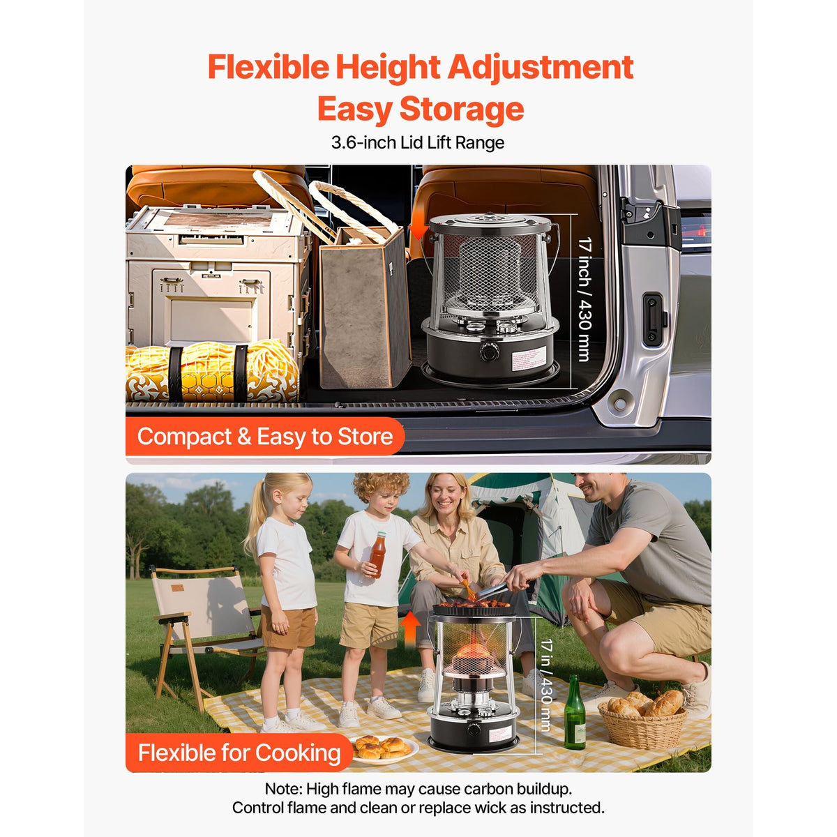 9000 BTU Portable Kerosene Heater & Stove, 2 in 1 Non-Electric Indoor Outdoor Heater with Adjustable Height & Flame & Easy Storage,for Camping, Hunting, Cooking, Home, Garage, Black