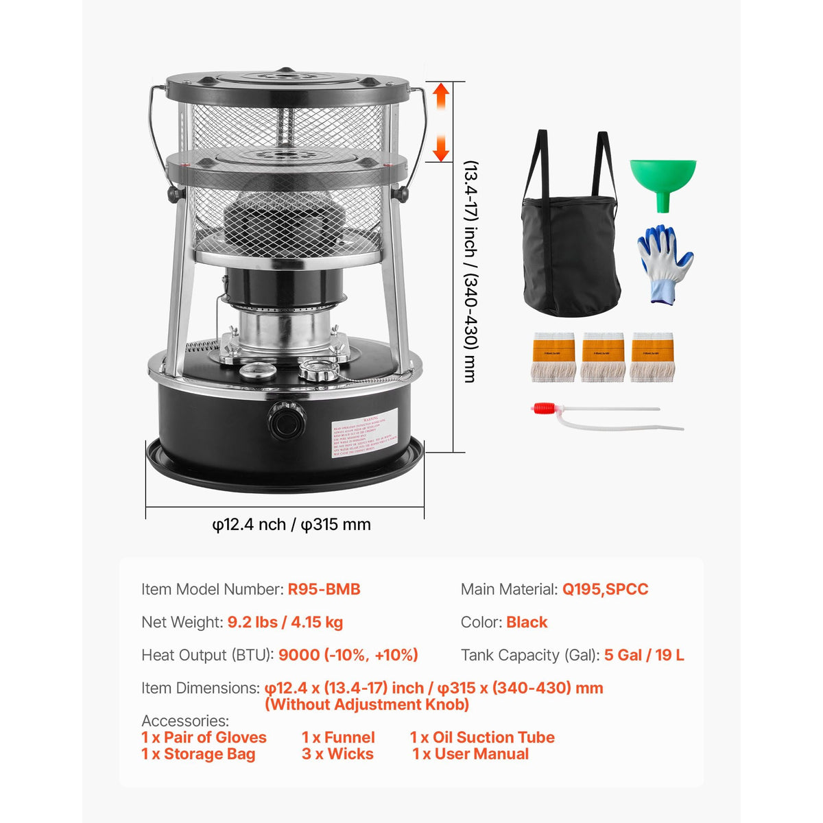 9000 BTU Portable Kerosene Heater & Stove, 2 in 1 Non-Electric Indoor Outdoor Heater with Adjustable Height & Flame & Easy Storage,for Camping, Hunting, Cooking, Home, Garage, Black