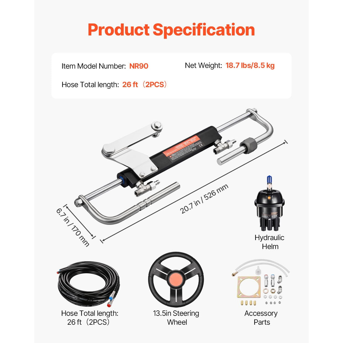 90HP Hydraulic Outboard Steering Kit, Marine Boat Hydraulic Steering System with 13.5-inch Steering Wheel, Helm Pump, Hydraulic Cylinder & 2PCS 26FT Hoses for Single Station Single-Engine Boats
