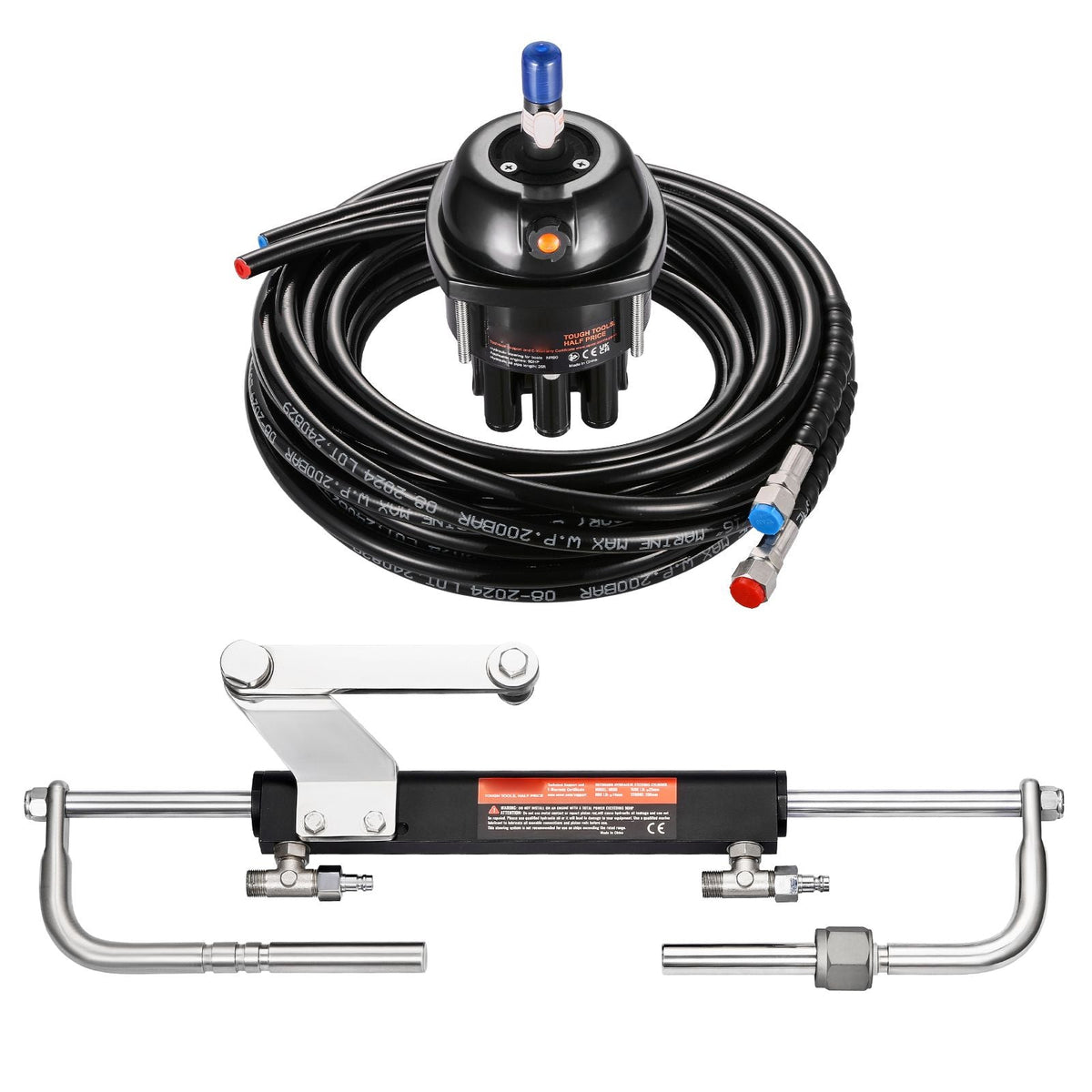 90HP Hydraulic Outboard Steering Kit, Marine Boat Hydraulic Steering System with 13.5-inch Steering Wheel, Helm Pump, Hydraulic Cylinder & 2PCS 26FT Hoses for Single Station Single-Engine Boats