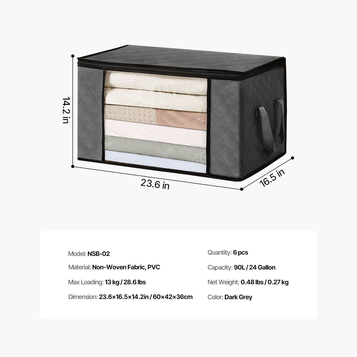 90L Large Storage Bags, 6 Pack Clothes Storage Bin, Foldable Closet Organizers Containers with Handle, Nov-woven Fabric Storage Bag for Clothing, Blanket, Comforter, Bed Sheet, Pillow(Grey)