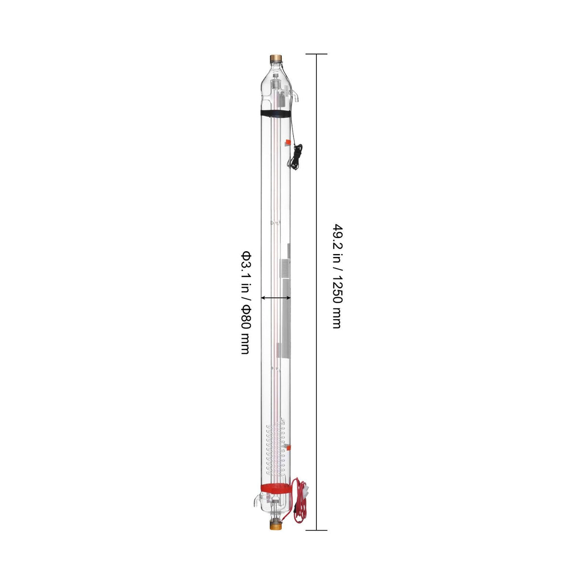 90W CO2 Laser Tube, 49.2 in (1250 mm) Length, 3.1 in (80 mm) Dia Borosilicate Glass Laser Cutter Tube with Metal Head, 10,000hr Wires Preconnected for Laser Engraver Engraving Cutting Machine
