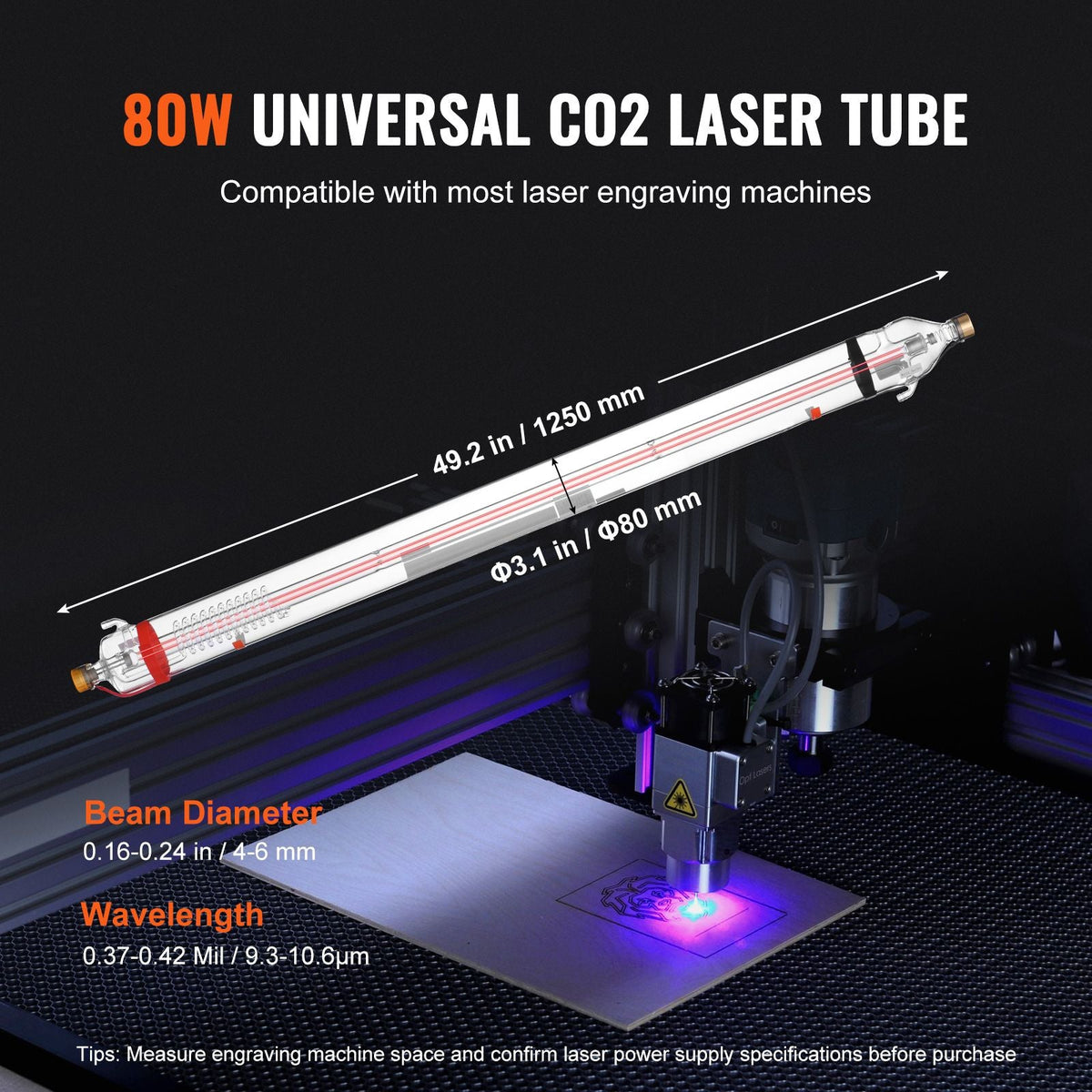 90W CO2 Laser Tube, 49.2 in (1250 mm) Length, 3.1 in (80 mm) Dia Borosilicate Glass Laser Cutter Tube with Metal Head, 10,000hr Wires Preconnected for Laser Engraver Engraving Cutting Machine