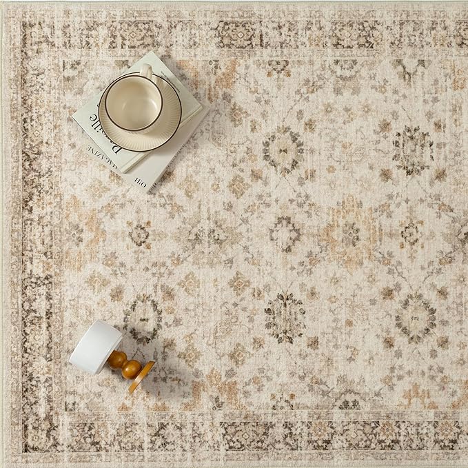 Beige 8x10 Area Rug Non Slip Large Vintage Living Room Distressed Machine Washable Retro Carpet Indoor Bedroom Traditional Floral Accent Throw Rug for Office Kitchen Dorm Dining Room
