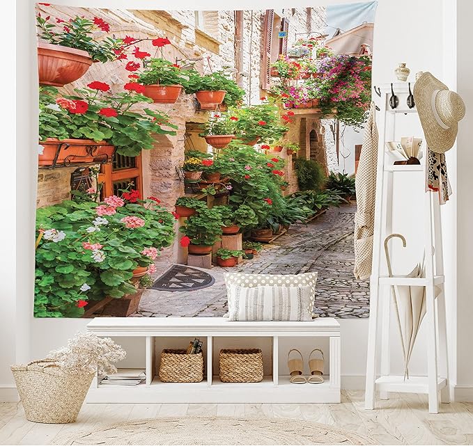Ambesonne Italian Tapestry King Size, Street View of a Small Renaissance Town with Floral Porches and Rock Mediterranean, Wall Hanging Bedspread Bed Cover Wall Decor, 104" X 88", Pale Brown
