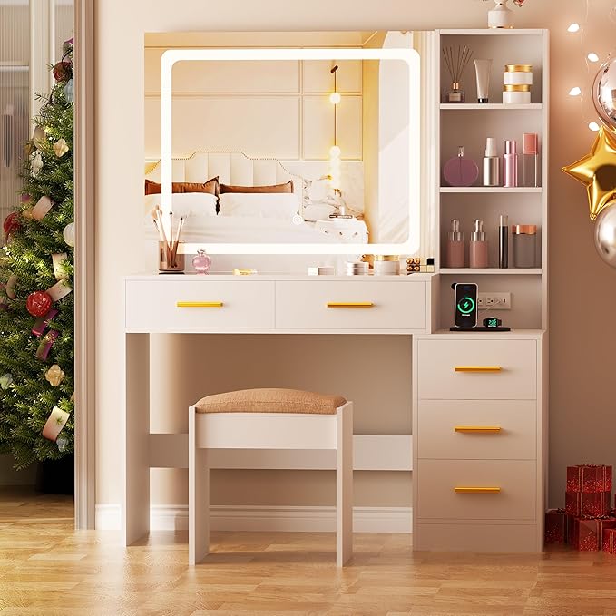 BEWISHOME Makeup Vanity Desk with Mirror and Lights,White Vanity Table with Glass Top,Makeup Desk with Power Outlet,5 Drawers,3 Lighting Modes,Stool,Nightstand,Dressing Table for Bedroom Girls FST29W