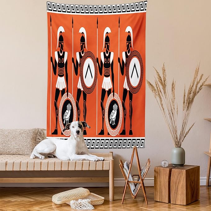 Ambesonne Retro Tapestry Queen Size, Historical in Greece Theme Cultures, Wall Hanging Bedspread Bed Cover Wall Decor, 88" X 88", Orange Black White
