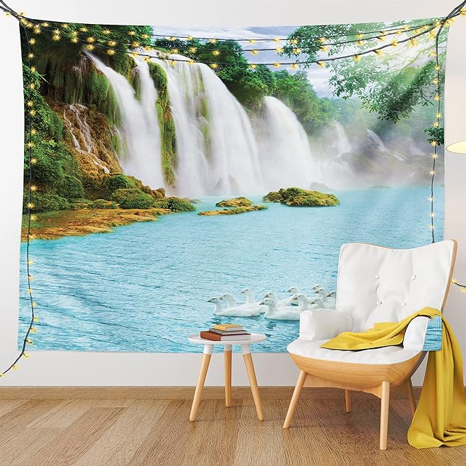 Ambesonne Waterfall Tapestry Queen Size, Image of a Grand Waterfall with Swans in the Lake Sunny Day Nature Print, Wall Hanging Bedspread Bed Cover Wall Decor, 88" X 88", White Green