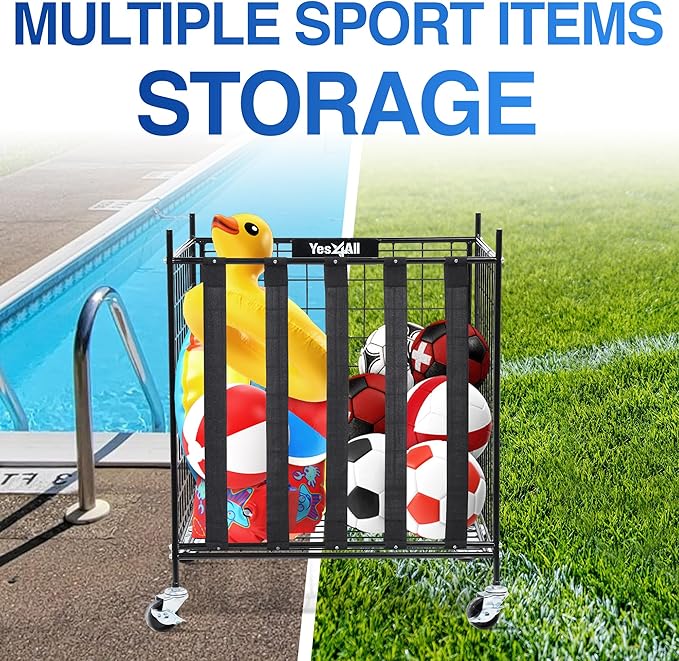 YES4ALL Rolling Ball Cart Storage with Lockable Wheels Volleyball Basketball Holder, Toy Balls Bin, Garage Cage, Storage Racks, Sports Equipment Organizer, Ball Rack for Outdoor Indoor Use