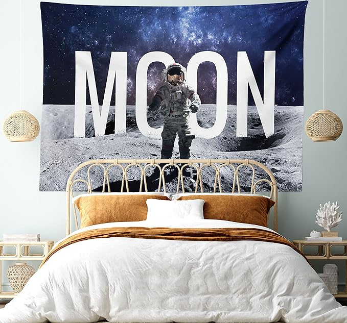 Ambesonne Outer Space Tapestry, Miniature Toy Astronaut on The Foreground of Giant Moon Big Bang Mars Print, Fabric Wall Hanging Decor for Bedroom Living Room Dorm, 45" X 30", Grey Blue