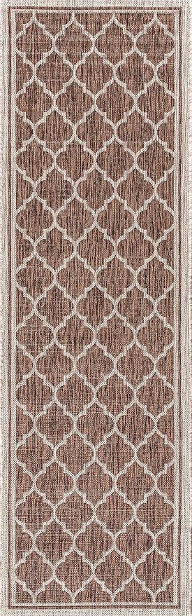 Eyely BMS109B-210 Santa Monica Trebol Moroccan Trellis Textured Weave Indoor/Outdoor Runner Rug Coastal;Bohemian, Bedroom, Backyard, Patio, Easy-Cleaning, Non-Shedding, 2 X 10, Espresso/Taupe