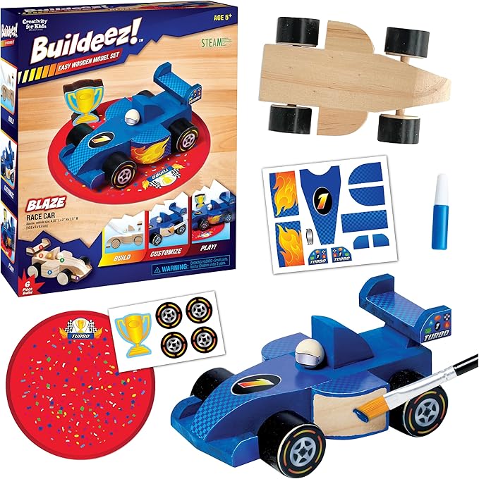 Creativity for Kids Buildeez! Easy Wooden Model Set: Blaze The Race Car - Model Car Kits to Build and Paint, Craft Kits for Kids, STEM Toys and Crafts for Boys (Ages 5+)