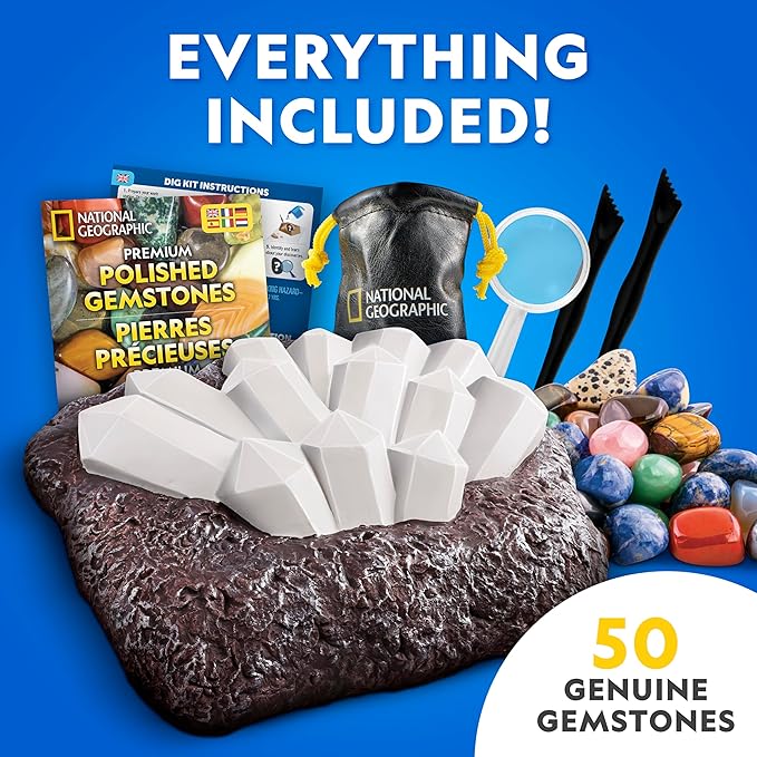 National Geographic Gigantic Gemstone Dig Kit – Excavate 50 Real Gems from a Giant Dig Brick, Gem Mining Kit for Kids, STEM Rock Collection Activity, Includes Tools & Learning Guide