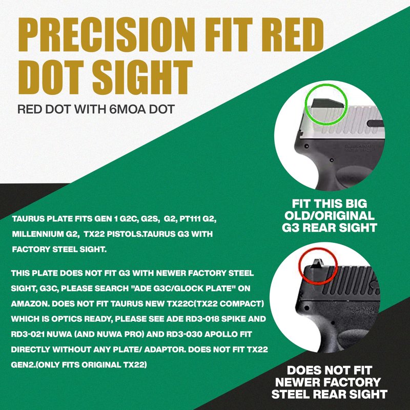 Ade Advanced Optics Crusader RD3-009 Red Dot Reflex Sight + Optic Mounting Plate for Taurus PT111 G2, Millennium G2, G2C, G3 with Original Rear Sight, PT140 G2, PT709, PT740, TX22 + Picatinny Plate