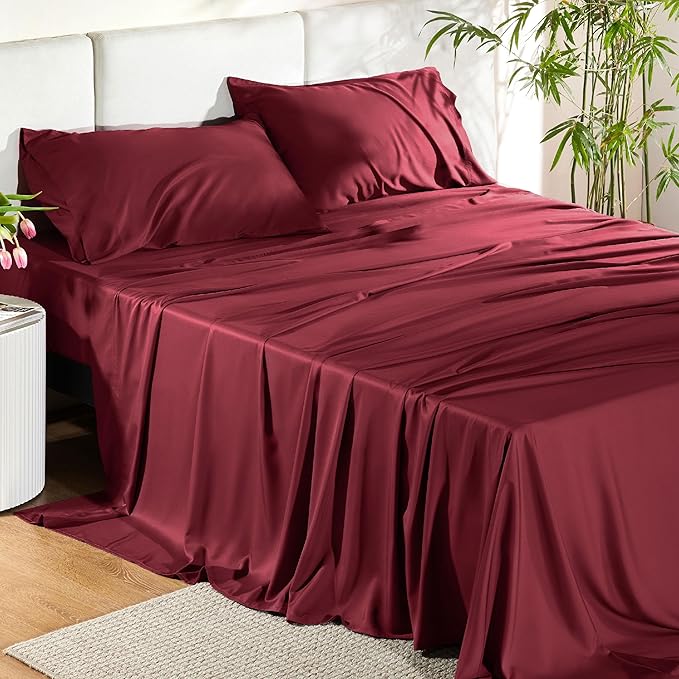 Bedsure Full Size Bed Sheets, Cooling Sheets, Rayon Derived from Bamboo, Breathable & Soft, Deep Pocket Up to 16 Inches, Hotel Luxury Silky Bedding for Hot Sleepers, Burgundy