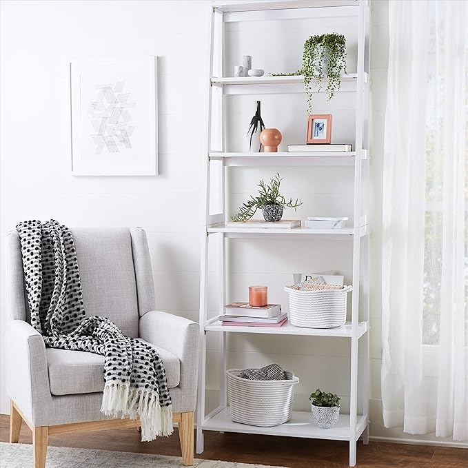 Amazon Basics 5 Shelf Sturdy Rubberwood Ladder Bookshelf for Book Storage, White, 15.03" D x 25.98" W x 74.48" H