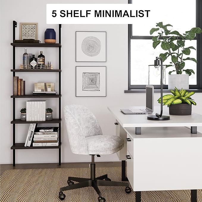 Nathan James Theo 5-Shelf Wood Modern Bookcase, Open Wall Mount Ladder Bookshelf with Industrial Metal Frame, Dark Walnut Brown/Black, Set of 3