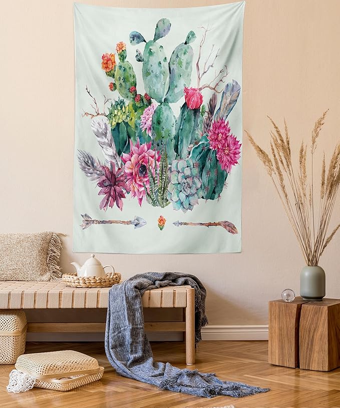 Ambesonne Cactus Tapestry, Spring Garden Boho Style Bouquet of Thorny Plants Blossoms Arrows Feathers, Wall Hanging for Bedroom Living Room Dorm Decor, 40" X 60", Rose Green Brown
