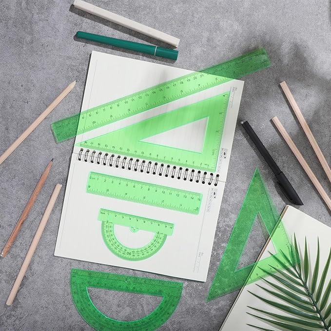 6Pcs Green Plastic Ruler Math Set Includes 12 & 6 Inch Straight Protractor Triangle Math Geometry Set Measuring Tool School Supplies Rulers for School Office Drawing Home