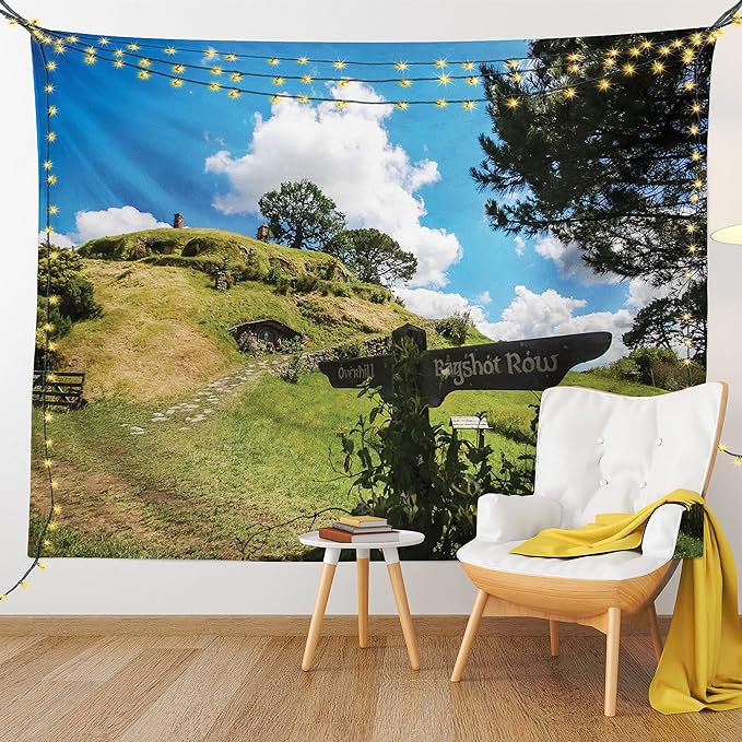 Ambesonne Hobbits Tapestry, Overhill Hobbit Village in Matamata New Zealand Fantasy Scene House Image Print, Fabric Wall Hanging Decor for Bedroom Living Room Dorm, 28" X 23", Green Blue