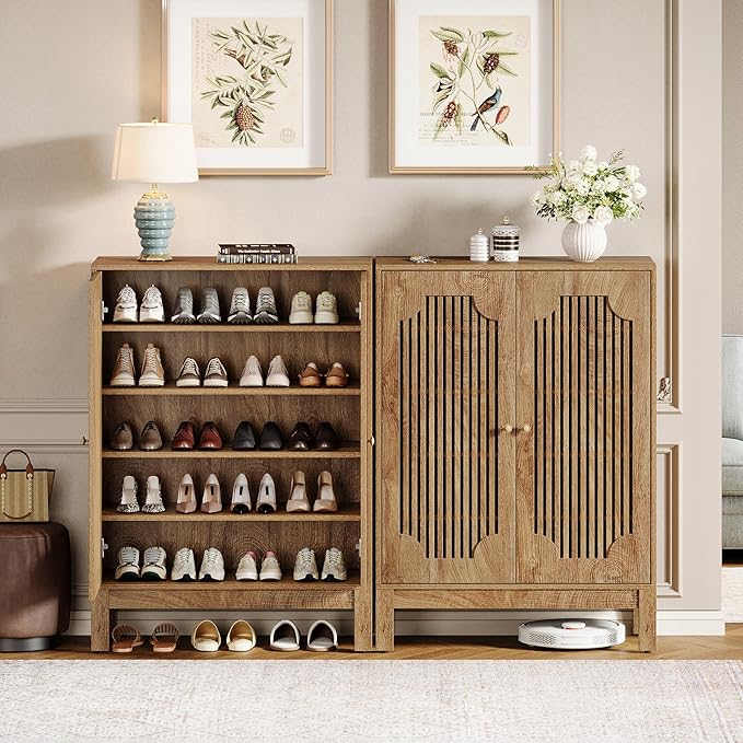 Tribesigns Shoe Cabinet with Doors, 5-Tier Shoe Storage Cabinet with Adjustable Shelves, 20 Pairs Wooden Shoe Rack Organizer, Narrow Shoe Cabinet for Entryway, Hallway, Closet, Rustic Brown, 2 Pcs
