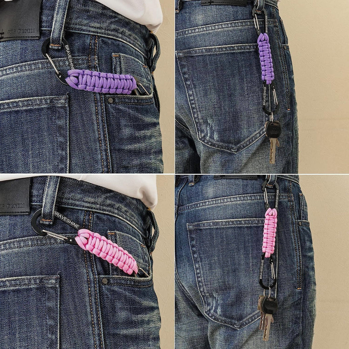 BRAVESHINE Carabiner Keychain Hook with Paracord Strap - 1 Purple 1 Orange D Ring Key Clips Para Cord Lanyard Hanger Stroller Hooks for Water Bottle, Belt Loop Keys, Backpacks, Boys, Girls, Men, Women