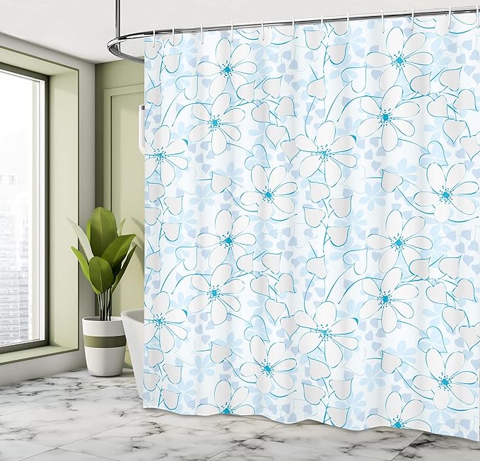 Ambesonne Blue Shower Curtain, Abstract Flowers with Heart Shaped Leaves Romantic Fresh Beauty in Nature, Cloth Fabric Bathroom Decor Set with Hooks, 69" W x 70" L, Pale Blue Aqua White