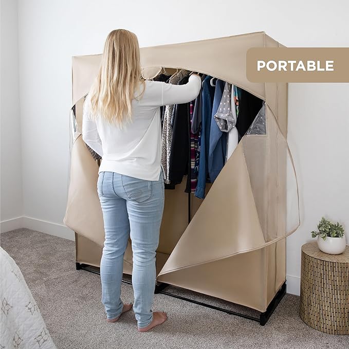HOLDN’ STORAGE Portable Wardrobe Closet - 65 lb Large Capacity, Internal Heavy Duty Metal Rod, Zipper & Clear Window, Durable Clothes Organizer, Tool-Free Easy Assembly, Beige Canvas Cover