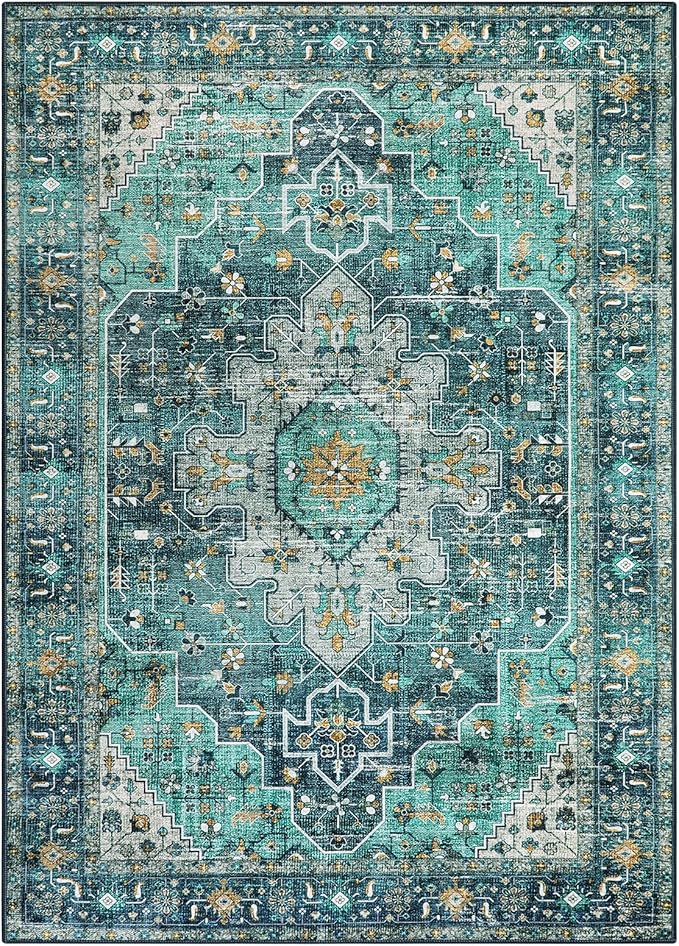 Moynesa Ultra-Thin Washable Vintage Area Rug - 6x9 Teal Large Dining Room Rug for Bedroom, Non-Shed Living Room Mat, Indoor Oriental Medallion Hardwood Floor Carpet for Office Home Decor