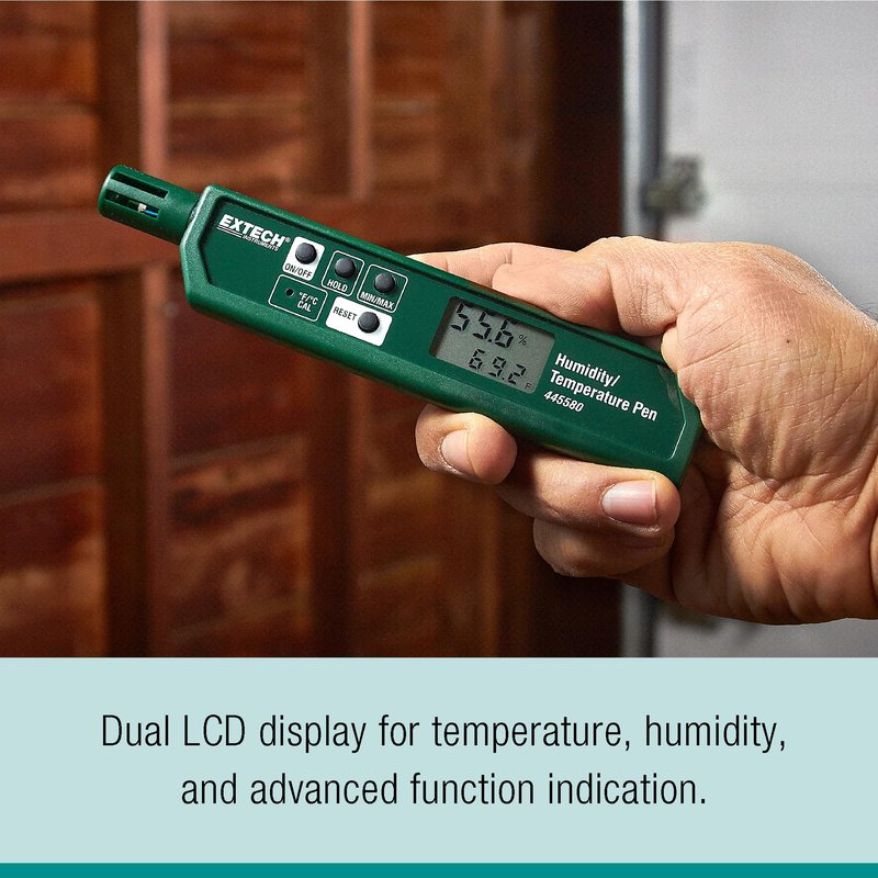 Extech 445580 Humidity and Temperature Pen with Fast Response Sensor, Min/Max Memory, Dual LCD, Pocket-Sized Hygrometer for HVAC, Labs, Storage Rooms, Indoor Air Monitoring