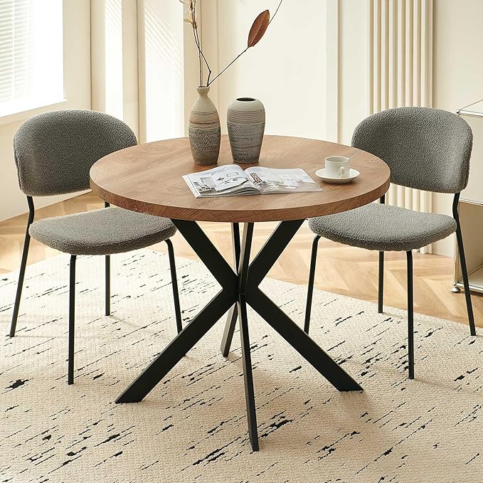 Modern Dining Table Set for 2, 3-Piece Set, 37" Round MDF Coffee Table With 2 Seated Grey Boucle Chairs Upholstered, Metal Legs for Dining Hall, Living Room