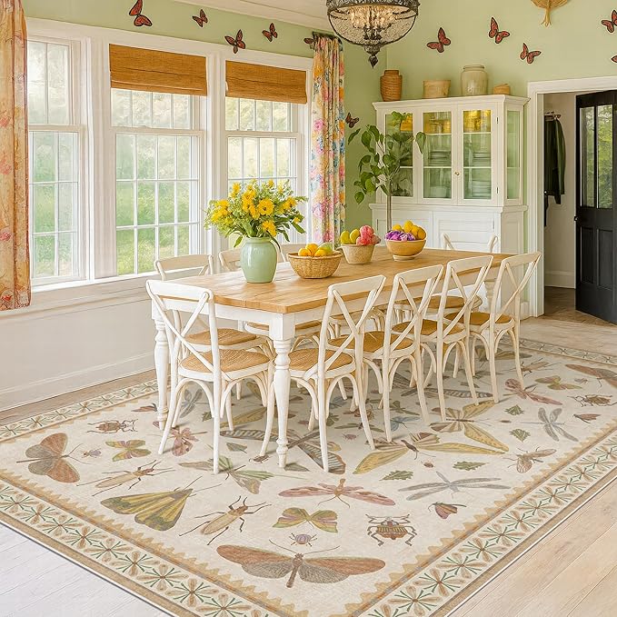 Large Beige Farmhouse Rugs for Living Room - 9x12 Area Rug for Bedroom, Dining Room, Kids Playroom, Stain Resistant Non Slip Low Pile Lightweight Carpet Indoor Butterfly Décor