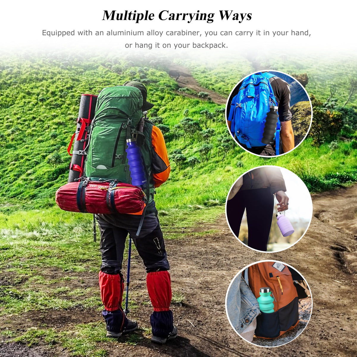 Nefeeko Collapsible Water Bottle, 27oz Reuseable BPA Free Silicone Foldable Portable Leak Proof Sports Water Bottle with Carabiner for Travel Gym Camping Hiking