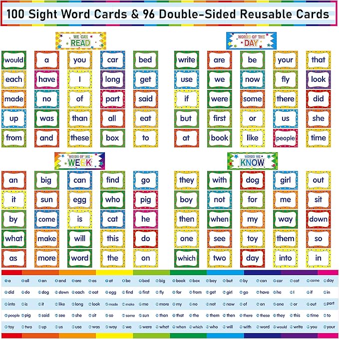 First Sight Word Cards, 100 First Word Cards & 96 Double-Side Erasable Blank One Pocket Chart Cards for Beginning Reading, Sight Reading, Early-Reading, Students Classroom Home School Use
