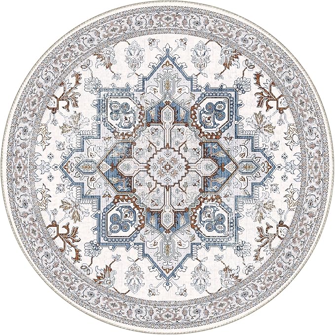 OPPODREAM Thin Round Rug 6ft, Neutral Washable Circle Rug 6ft with Non Slip Backing Play Room, Low-Pile Carpet 6 ft, Faux Cashmere Throw Carpet, Cream White & Blue & Light Brown