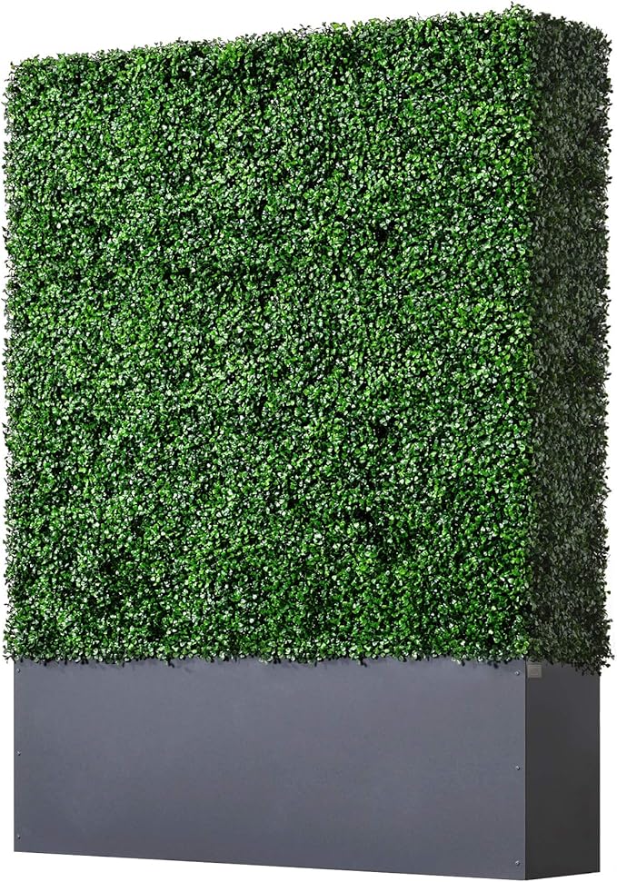 AGPL Artificial Boxwood Hedge Wall with Dark Gray Stainless Steel Planter Box Privacy Wall Backdrops, Outdoor Privacy Fence for Patio,Balcony,Restaurant,Garden,Party Décor (64" H 48" W 12" D)