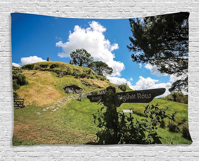 Ambesonne Hobbits Tapestry, Overhill Hobbit Village in Matamata New Zealand Fantasy Scene House Image Print, Wide Wall Hanging for Bedroom Living Room Dorm, 60" X 40", Green Blue