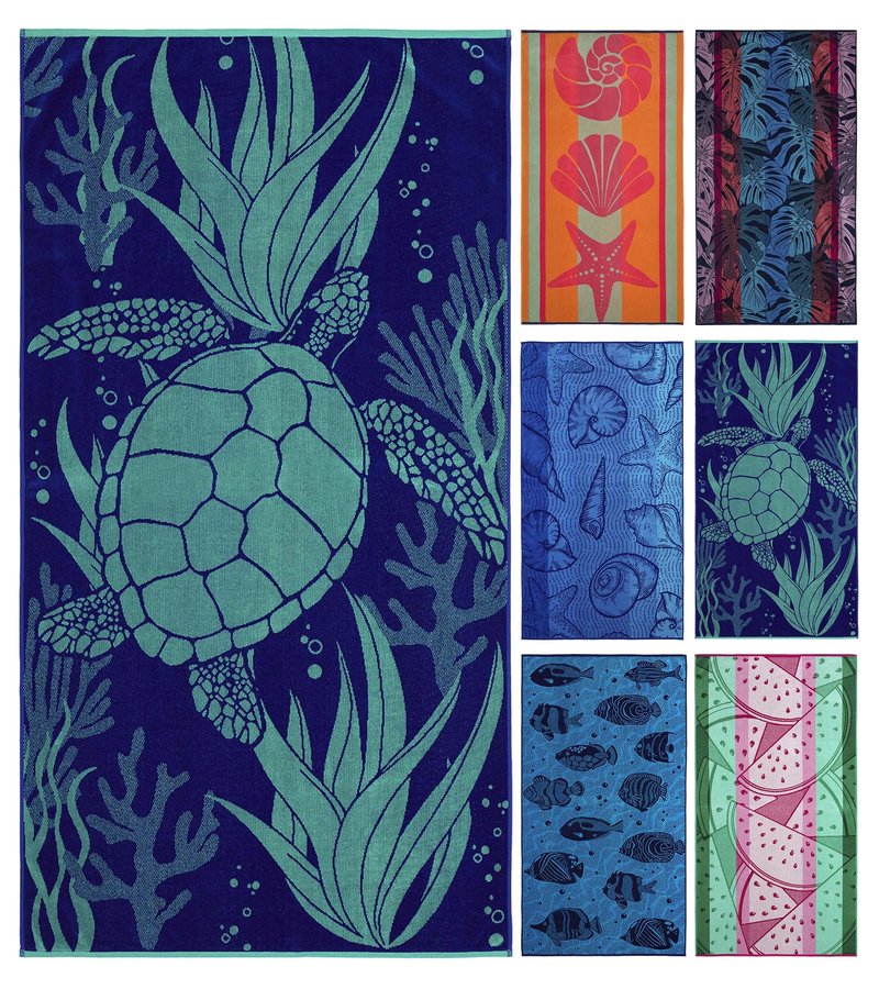 Ozdilek 34x64 Beach Towel - 100% Turkish Cotton, Luxury Soft Velour, Quick Dry, Absorbent, Fade-Resistant, Oversized Pool & Spa Towel, Sea Turtle Design, Eco-Friendly (Sea Turtle Haven)