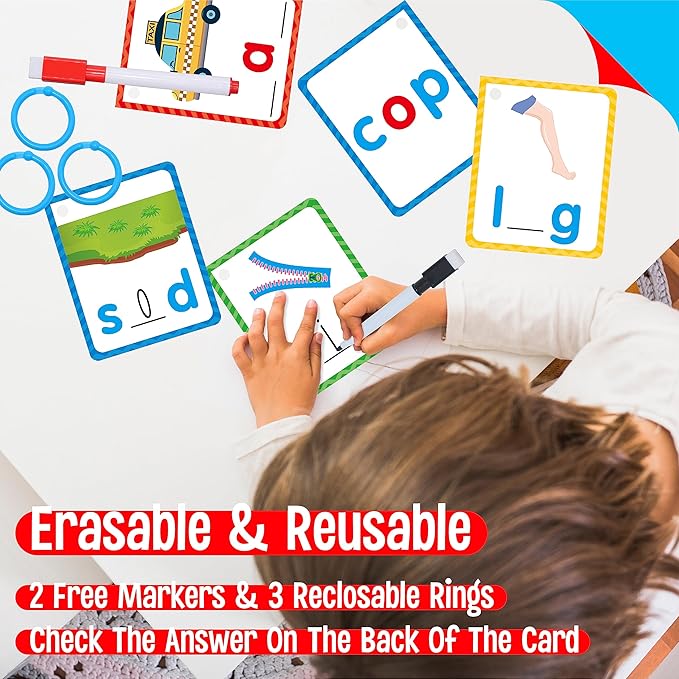 CVC Word Writing Cards, 120 Double Sided Handwriting Cards Short Vowel Spelling Flashcards CVC Sight Words Early Educational Tool for Kids 3 4 5 Years Old (Plus 2 Markers & 3 Reclosable Plastic Rings)