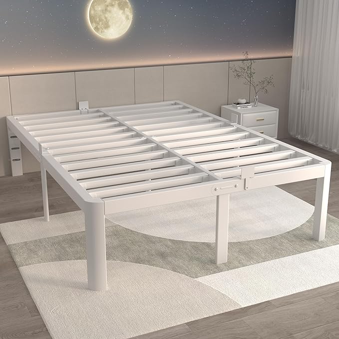 ITIMIDI 16 Inch Full White Bed Frames No Box Spring Needed, Metal Platform Bed Frame Full Size, Heavy Duty Steel Support 3500 LBS, Storage Space, Round Corner Legs, Noise Free, Easy Assembly