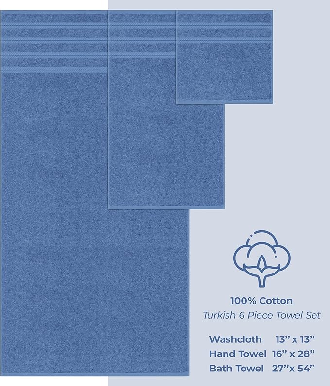 American Soft Linen Luxury 6 Piece Towel Set, 2 Bath Towels 2 Hand Towel 2 Washcloths, 600 GSM 100% Cotton Turkish Towels for Bathroom, Electric Blue Towel Sets