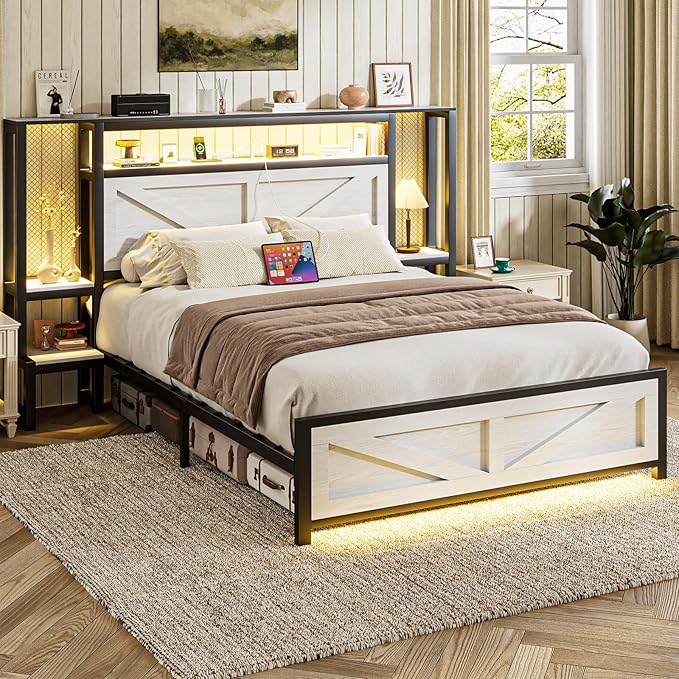 Full Size Rustic Bed Frame with Storage Born Door Headboard and Bedside Storage, Industrial Farmhouse Metal Platform Bed Frame with Charging Station and LED Lights, White